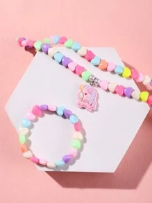 2pcs/set Cute Heart & Unicorn Decor Jewelry Set For Toddler Girls For Daily Decoration