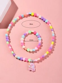 2pcs/set Cute Heart & Unicorn Decor Jewelry Set For Toddler Girls For Daily Decoration