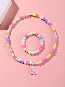2pcs/set Cute Heart & Unicorn Decor Jewelry Set For Toddler Girls For Daily Decoration
