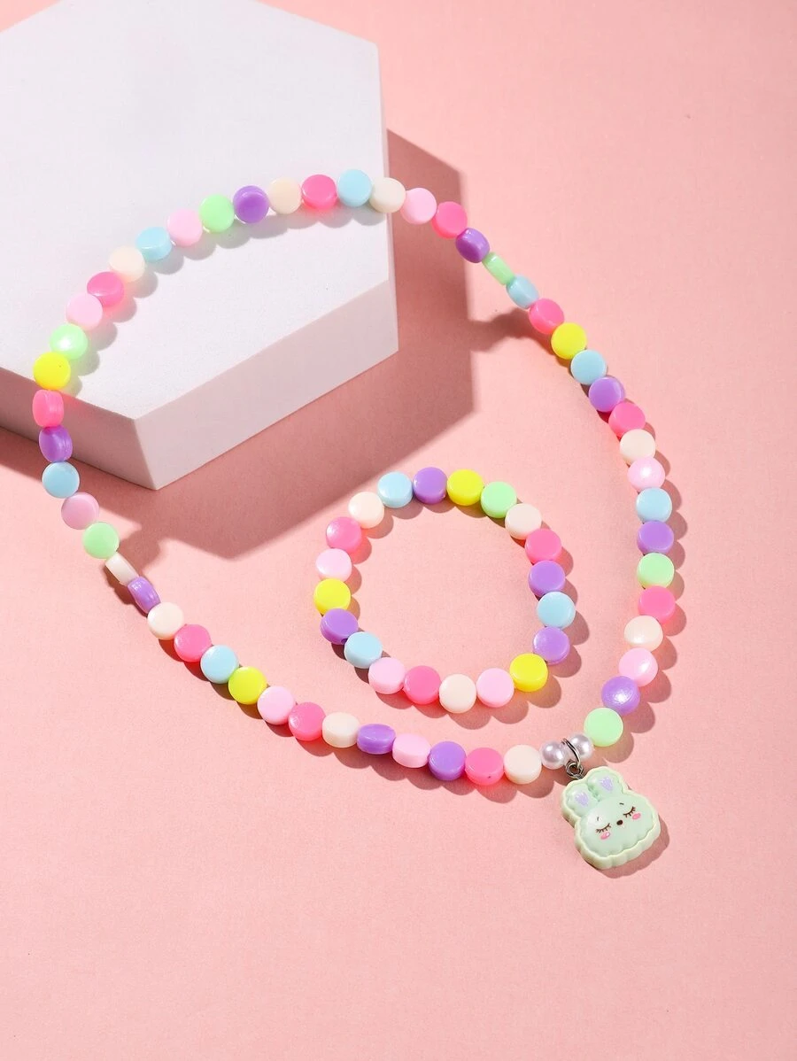 Niñas 2 piezas/set Set joya dibujos animados lindo con diseño de cabeza de conejo con cuenta para para decoración diaria - Multicolor - Ver 1