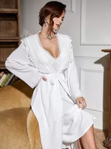 Bộ đồ ngủ Cami ren tương phản & Bộ đồ ngủ có thắt lưng Bộ màu trắng - trắng - Xem 1