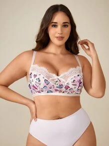 Plus Heart Print Contrast Lace Underwire Bra
