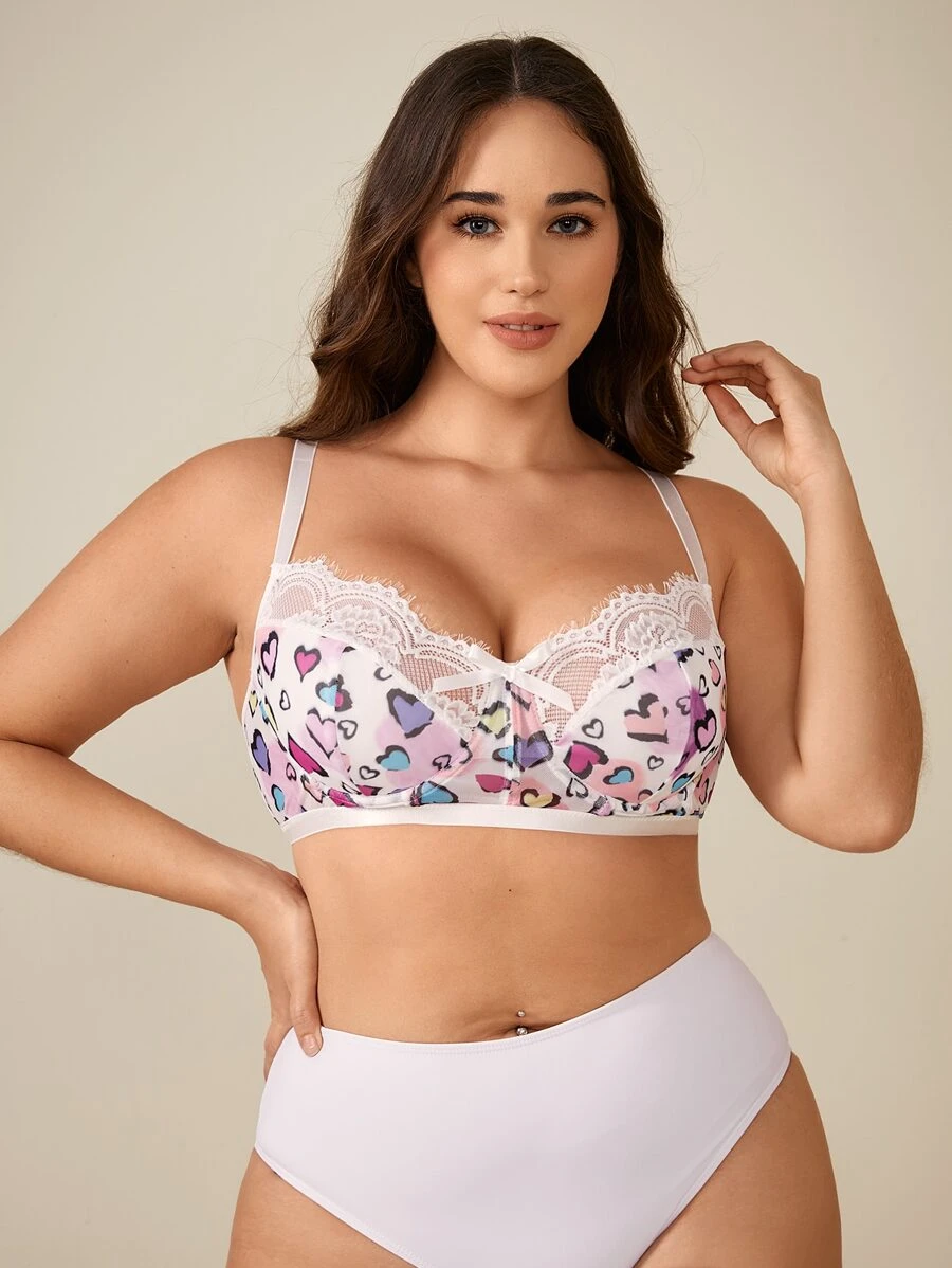 Plus Heart Print Contrast Lace Underwire Bra