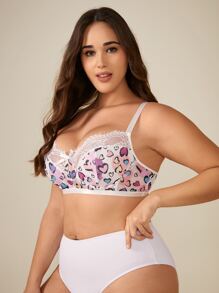 Plus Heart Print Contrast Lace Underwire Bra