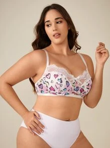 Plus Heart Print Contrast Lace Underwire Bra