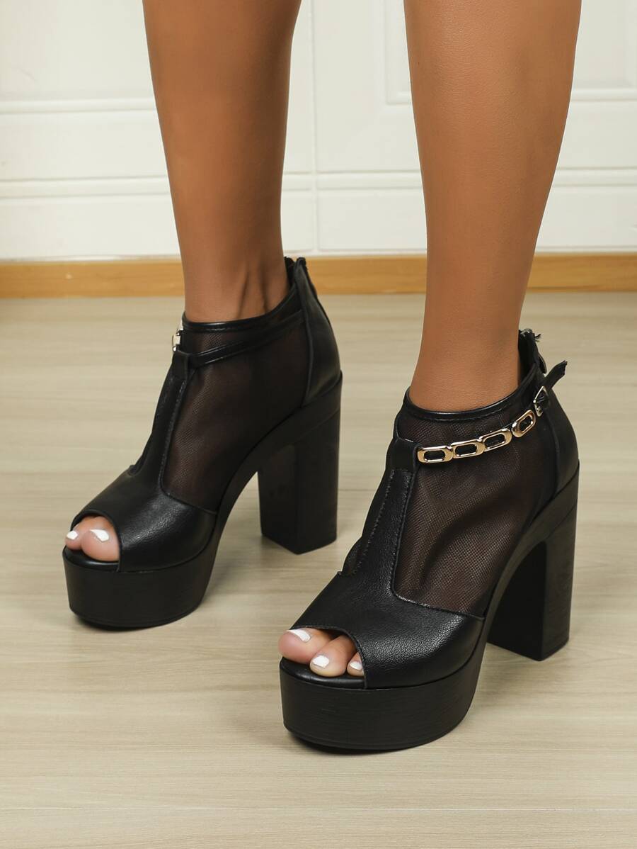 Contrast Mesh Platform Chunky Heeled Sandals Boots - Black - View 1