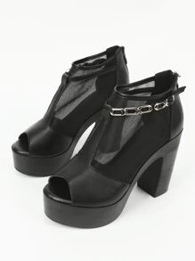 Contrast Mesh Platform Chunky Heeled Sandals Boots - Black - View 6