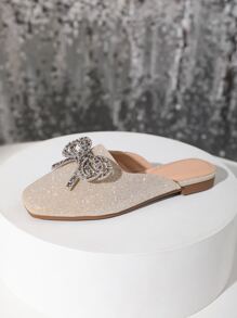 Mules planos brillante con diamante de imitación & con diseño de lazo de punta cuadrada - Dorado - Ver 3