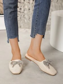 Mules planos brillante con diamante de imitación & con diseño de lazo de punta cuadrada - Dorado - Ver 5