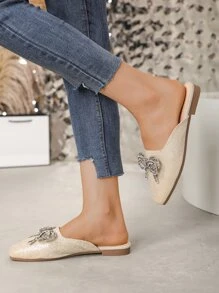 Mules planos brillante con diamante de imitación & con diseño de lazo de punta cuadrada - Dorado - Ver 6