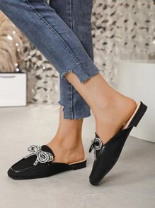 Mules planos con diamante de imitación & con diseño de lazo de punta cuadrada - Negro - Ver 1
