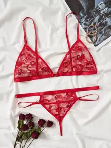 Set de lencería con encaje floral con abertura - Rojo - Ver 1