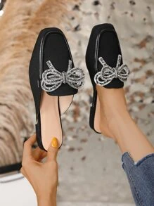 Mules planos con diamante de imitación & con diseño de lazo de punta cuadrada - Negro - Ver 3