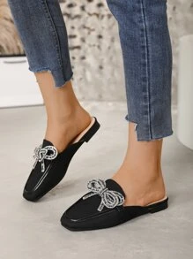 Mules planos con diamante de imitación & con diseño de lazo de punta cuadrada - Negro - Ver 4