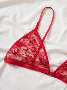 Set de lencería con encaje floral con abertura - Rojo - Ver 3