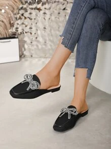 Mules planos con diamante de imitación & con diseño de lazo de punta cuadrada - Negro - Ver 5