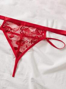 Set de lencería con encaje floral con abertura - Rojo - Ver 4