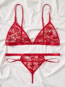 Set de lencería con encaje floral con abertura - Rojo - Ver 5