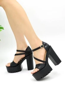 Platform Chunky Heeled Ankle Strap Sandals - Black - View 2