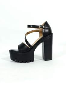 Platform Chunky Heeled Ankle Strap Sandals - Black - View 7