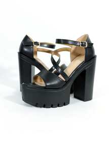 Platform Chunky Heeled Ankle Strap Sandals - Black - View 8