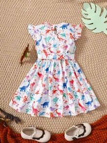 Toddler Girls Dinosaur Print Ruffle Trim Belted Dress - White - View 2