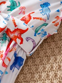 Toddler Girls Dinosaur Print Ruffle Trim Belted Dress - White - View 3