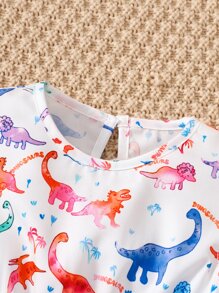 Toddler Girls Dinosaur Print Ruffle Trim Belted Dress - White - View 4