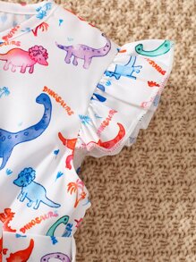 Toddler Girls Dinosaur Print Ruffle Trim Belted Dress - White - View 5