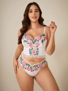 Plus Floral Embroidery Frill Trim Underwire Lingerie Set - White - View 5