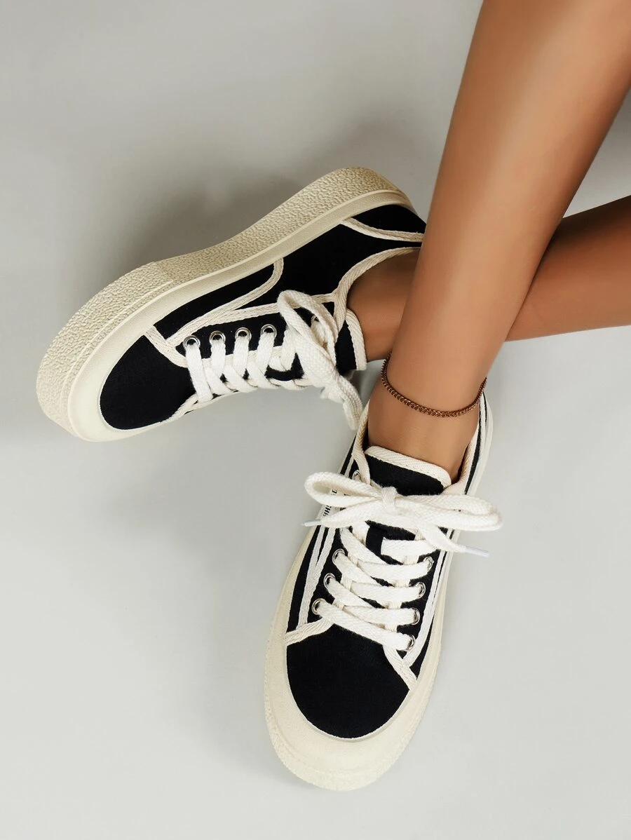 Contrast Binding Detail Lace-up Front Canvas Shoes - Black - View 1