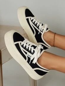 Contrast Binding Detail Lace-up Front Canvas Shoes - Black - View 5