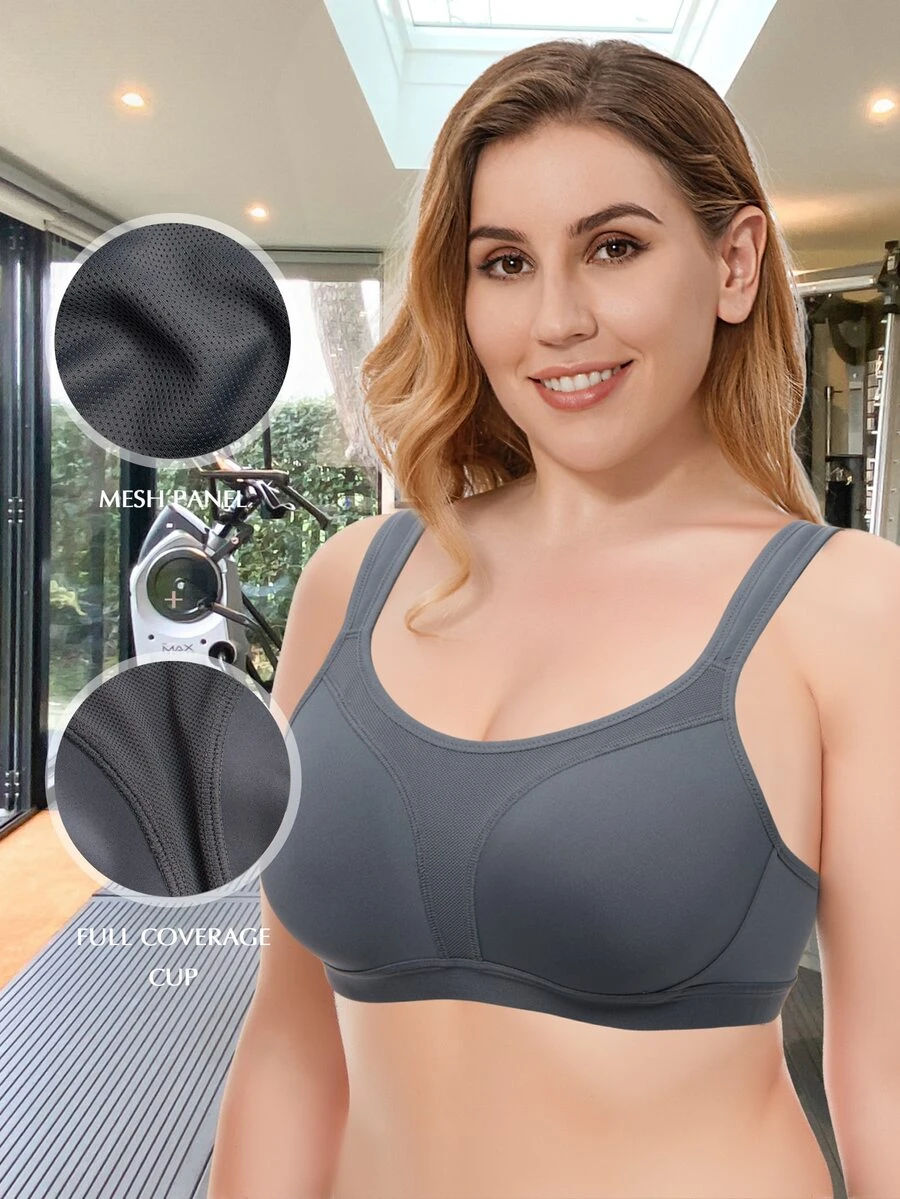 WINGSLOVE Plus Size Simple Solid Color Seamless Breathable Sports Bra - Dark Grey - View 1