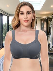 WINGSLOVE Plus Size Simple Solid Color Seamless Breathable Sports Bra - Dark Grey - View 5