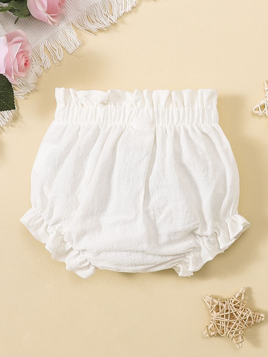 SHEIN 寶寶女孩荷葉邊纸袋腰短褲 - 白色 - 查看 1