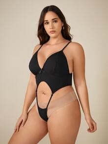 大碼鏤空性感緊身連體衣 - 黑色 - 查看 3