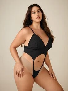 大碼鏤空性感緊身連體衣 - 黑色 - 查看 4