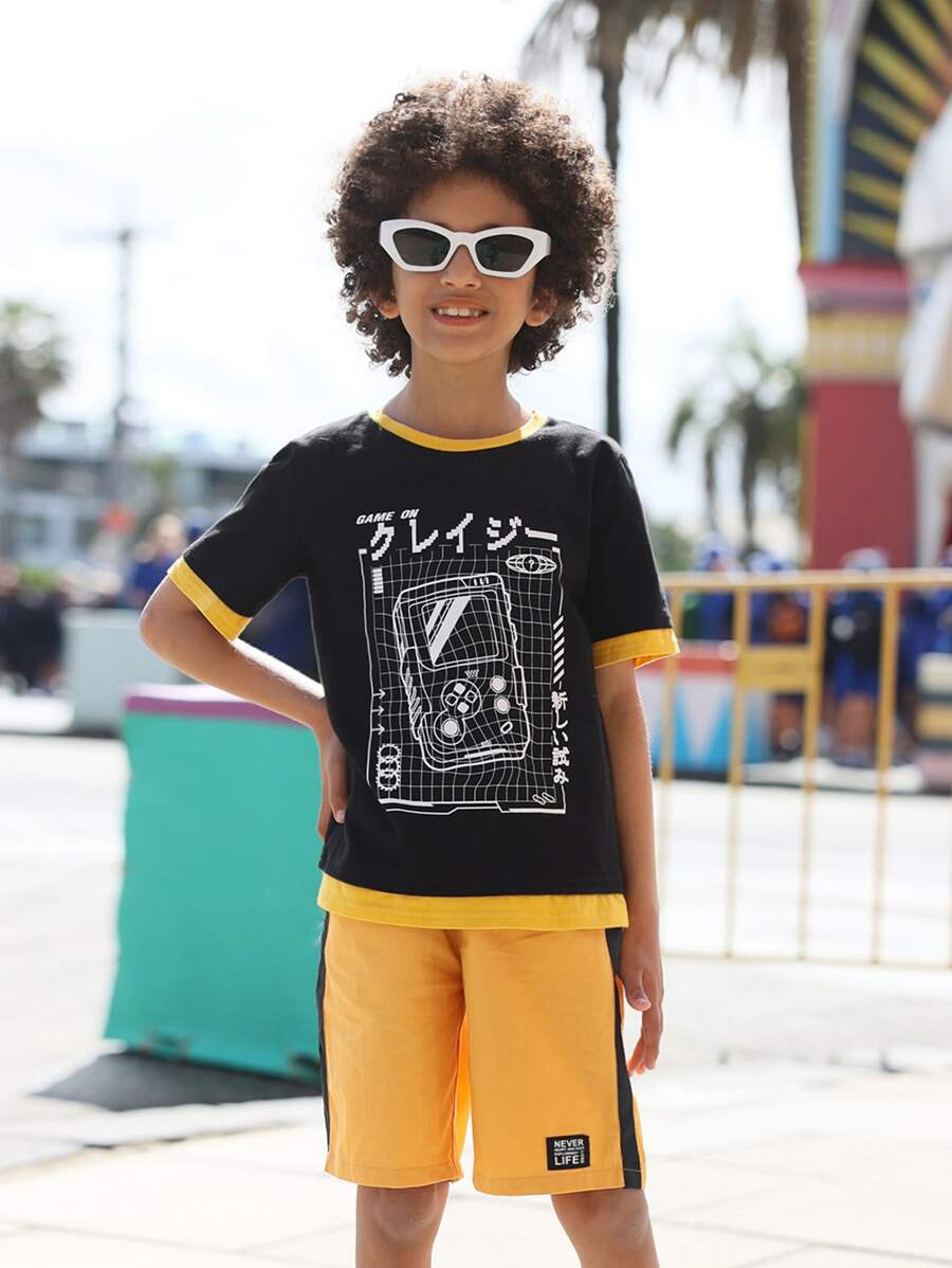 SHEIN Boys Letter Graphic Contrast Binding Tee & Shorts - Multicolor - View 1