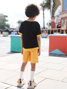 SHEIN Boys Letter Graphic Contrast Binding Tee & Shorts - Multicolor - View 9