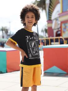 SHEIN Boys Letter Graphic Contrast Binding Tee & Shorts - Multicolor - View 12