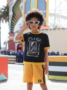 SHEIN Boys Letter Graphic Contrast Binding Tee & Shorts - Multicolor - View 10