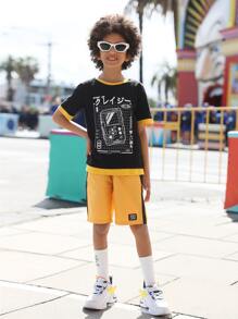 SHEIN Boys Letter Graphic Contrast Binding Tee & Shorts - Multicolor - View 8