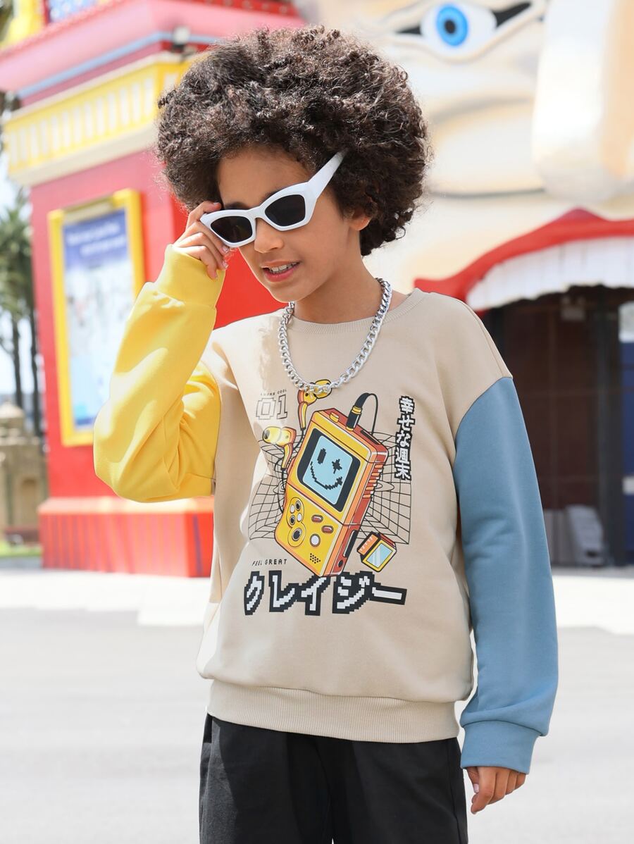 SHEIN Boys Cartoon & Japanese Letter Graphic Colourblock Drop Shoulder Pullover - Multicolor - View 1