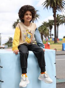 SHEIN Boys Cartoon & Japanese Letter Graphic Colourblock Drop Shoulder Pullover - Multicolor - View 5