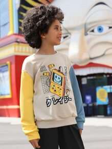 SHEIN Boys Cartoon & Japanese Letter Graphic Colourblock Drop Shoulder Pullover - Multicolor - View 7