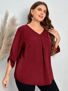 EMERY ROSE 大碼V領捲邊袖襯衫 - 酒紅色 - 查看 4