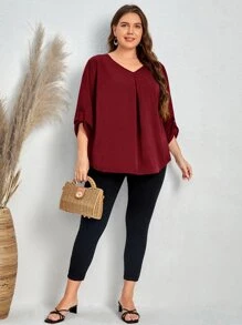 EMERY ROSE 大碼V領捲邊袖襯衫 - 酒紅色 - 查看 5