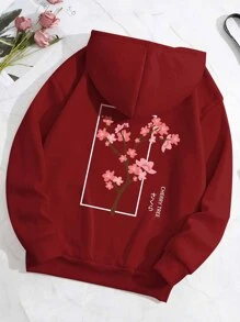 SHEIN EZwear Letter & Floral Print Drawstring Thermal Lined Hoodie - Red - View 1