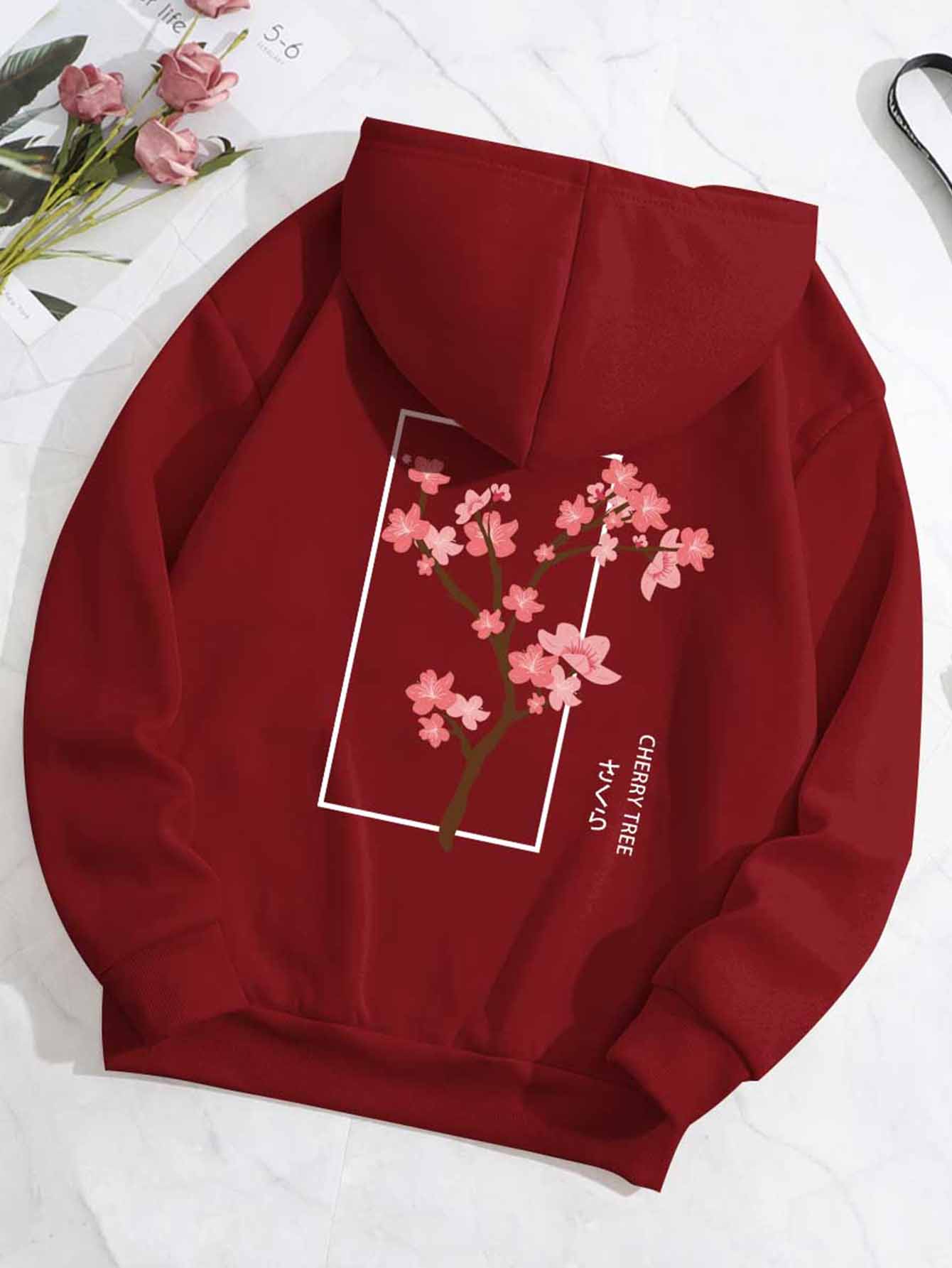 SHEIN EZwear Letter & Floral Print Drawstring Thermal Lined Hoodie - Red - View 1