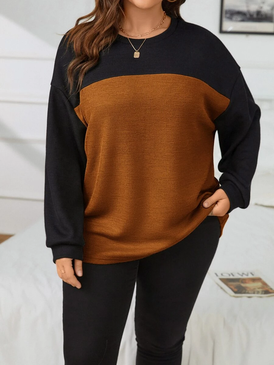 SHEIN Essnce Plus Two Tone Drop Shoulder Tee - Brown - View 1
